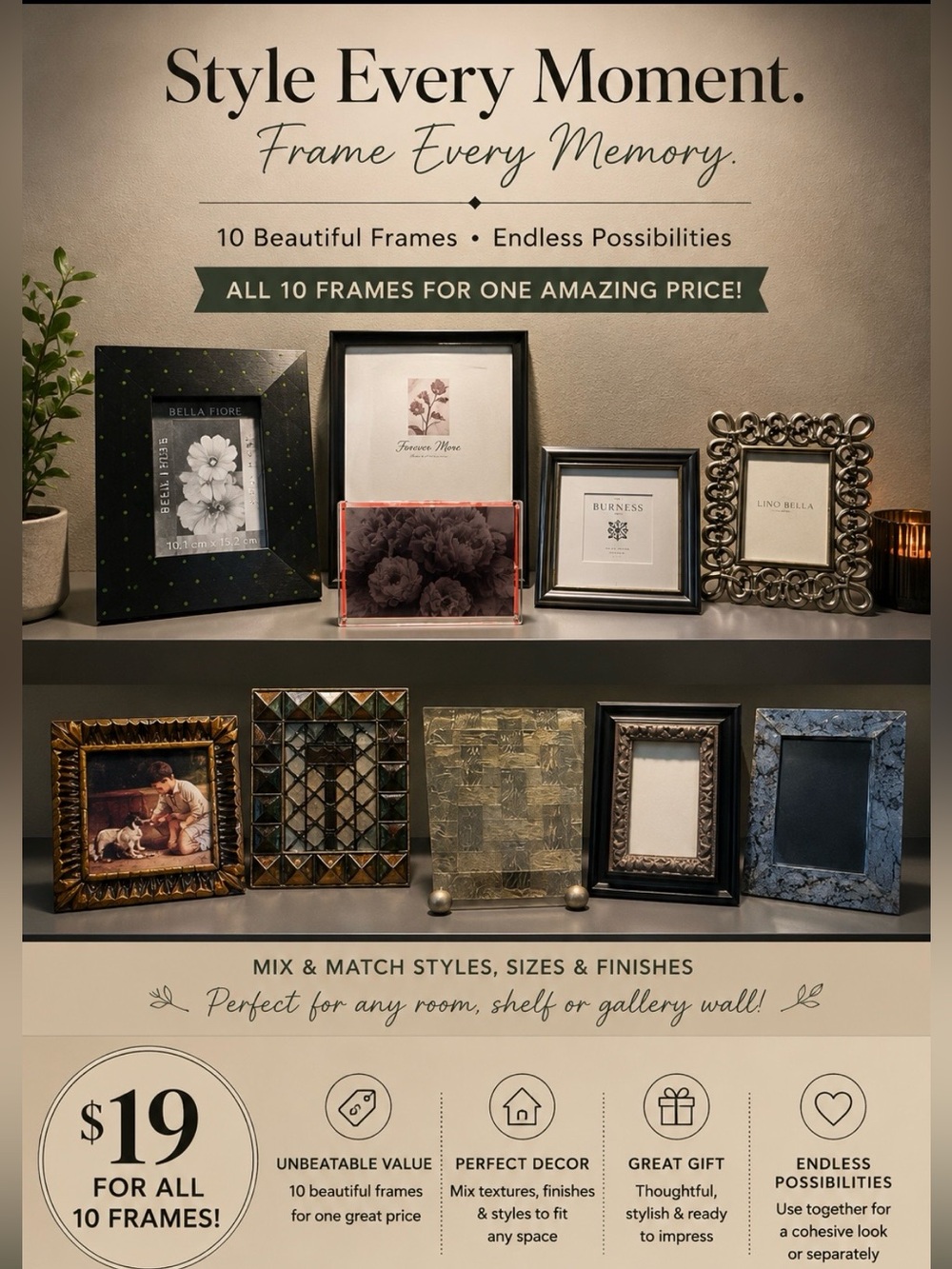 Mixed Decorative Picture Frame Set - Black and Gold Accents
